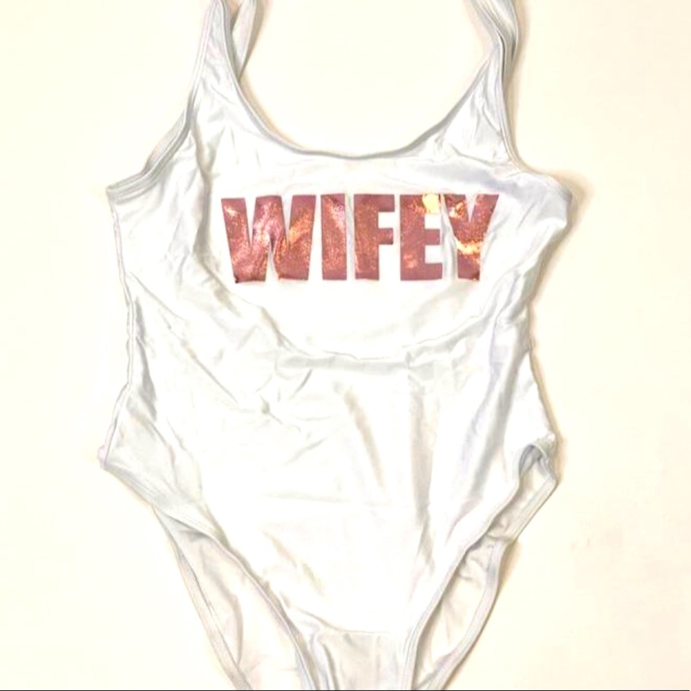 SUMMER SALE  White Swimsuit Wifey RoseGold Glitter